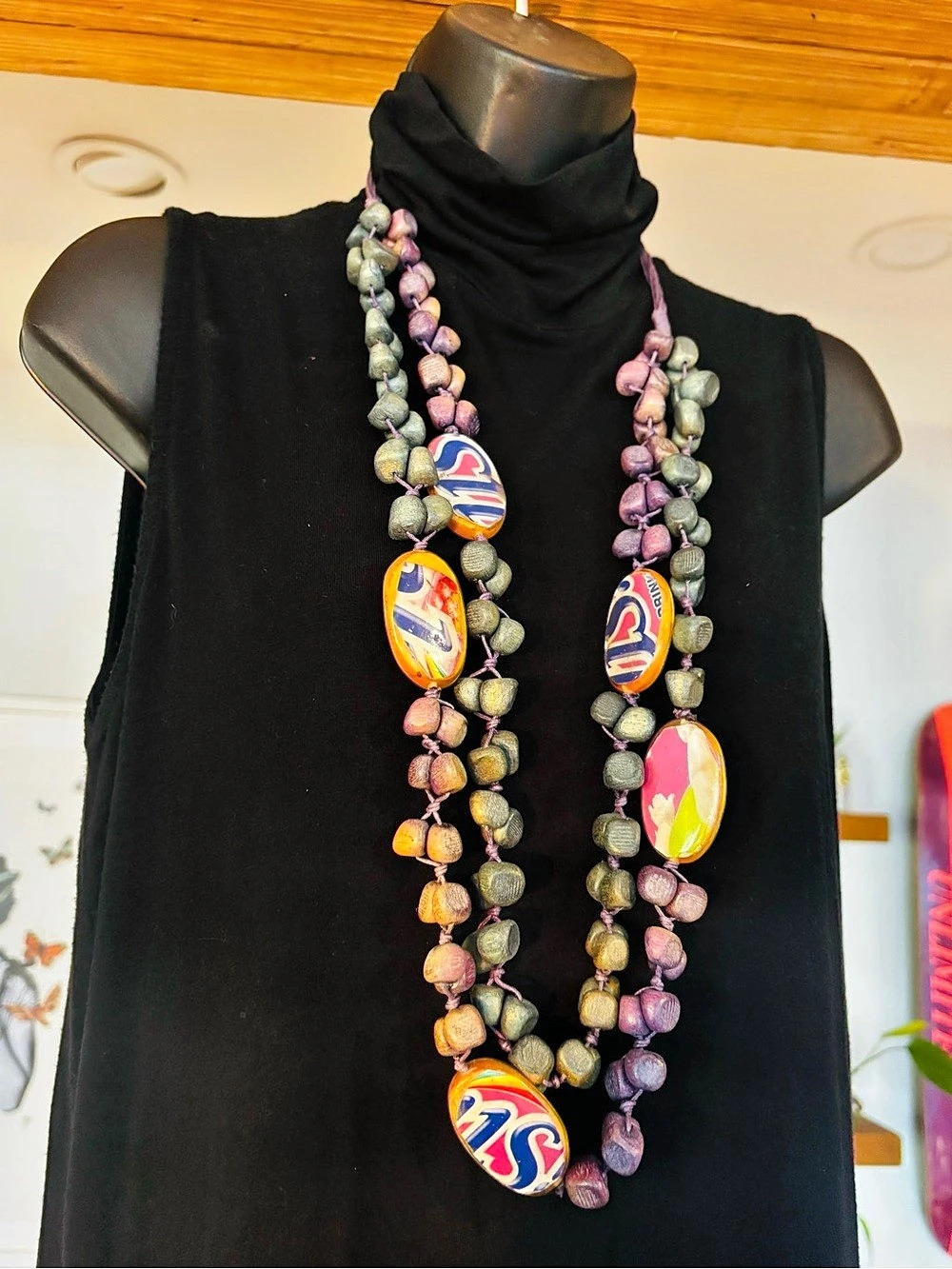 Stunning Boho Upcycled Statement Necklace – Eco-Friendly Resin & Wood Beads – 19